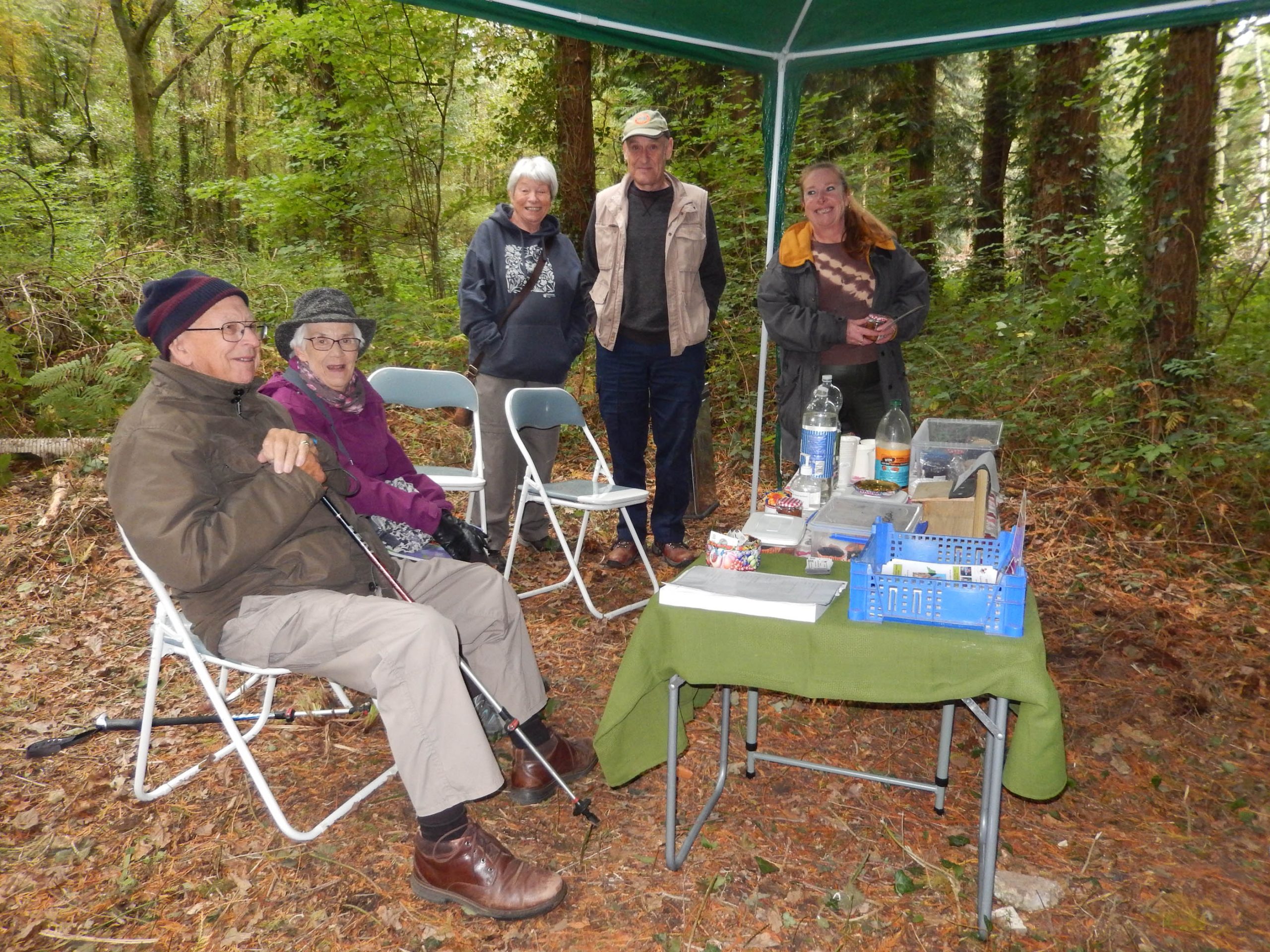 Smiling visitors gathered under the woodland gazebo, learning about red squirrels and enjoying refreshments during Red Squirrel Awareness Week.