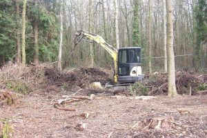 Digger moving piles of brash and branches during woodland clearance and habitat management work.