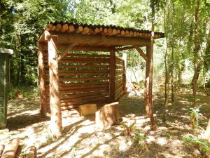 Newly completed rustic timber wildlife hide in Howes Wood, built from debarked logs with a corrugated log roof, surrounded by woodland.